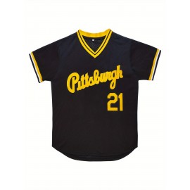 Men'S Pittsburgh #21 Black Baseball Jersey, 100% Polyester Knit Fabric, V-Neck Short Sleeve T-Shirt with Embroidered Letter & Number Design, Breathable & Slight Stretch, Casual Sports Top for All Seasons