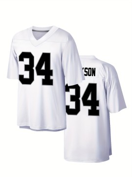 Men'S White # 34 Breathable Rugby Shirt, Sports V-Neck Short Sleeved Training Shirt, Classic Embroidered American Football Shirt