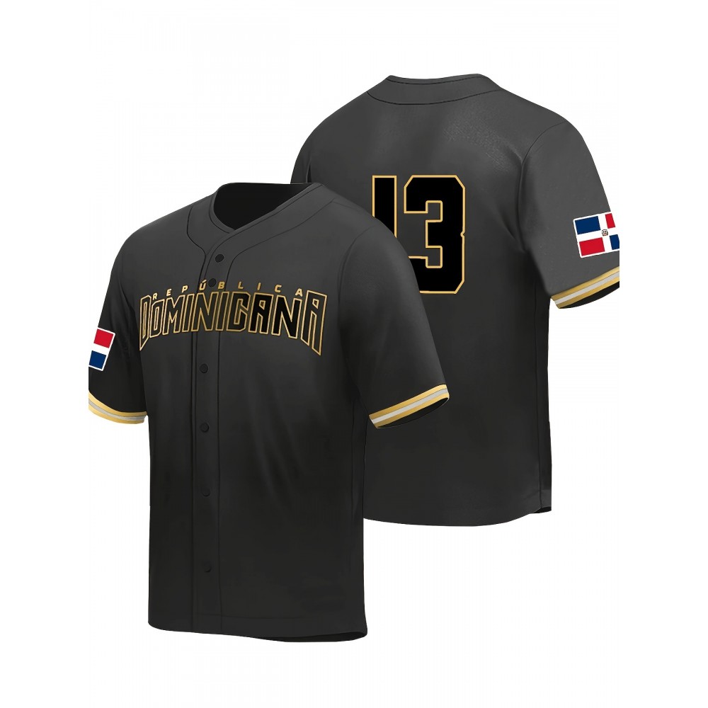 Men'S Dominican #13 Black Baseball Jersey, 100% Polyester V-Neck Knit Fabric T-Shirt, Embroidered Letter & Number Design, Short Sleeve, Breathable, Loose Fit for Sports, Party, Casual Wear - Universal Adult Sports Top