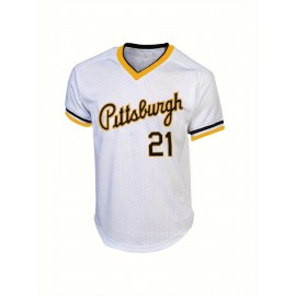 Men's Pittsburgh #21 Baseball Jersey - Retro V-Neck Breathable Short Sleeve Shirt, Loose Fit for Training, Competition & Casual Wear, All-Season Machine Washable Sportswear, Quality Sportswear