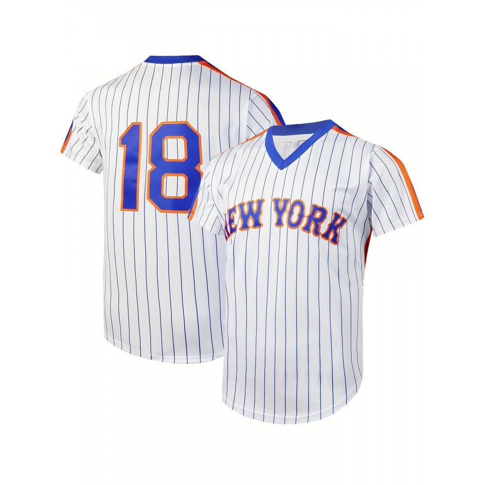 Letter And Number 18 Embroidery, Men'S Striped Short Sleeve V-neck Baseball Jersey, Comfy Top For Training And Competition