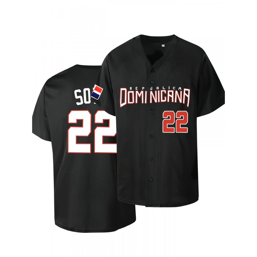 Men'S #22 Black Baseball Jersey - Retro Design with Bold Dominican Lettering, Breathable Short Sleeve T-Shirt for Training & Competition, Casual Summer Wear, All-Season Comfort, Everyday Baseball | Retro Style Shirt | Comfortable Fi