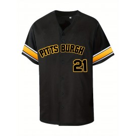 Men'S PITTSBURGH #21 Black Baseball Jersey, Classic Retro Letter Embroidery Design Breathable Short Sleeve T-Shirt for Training Competition