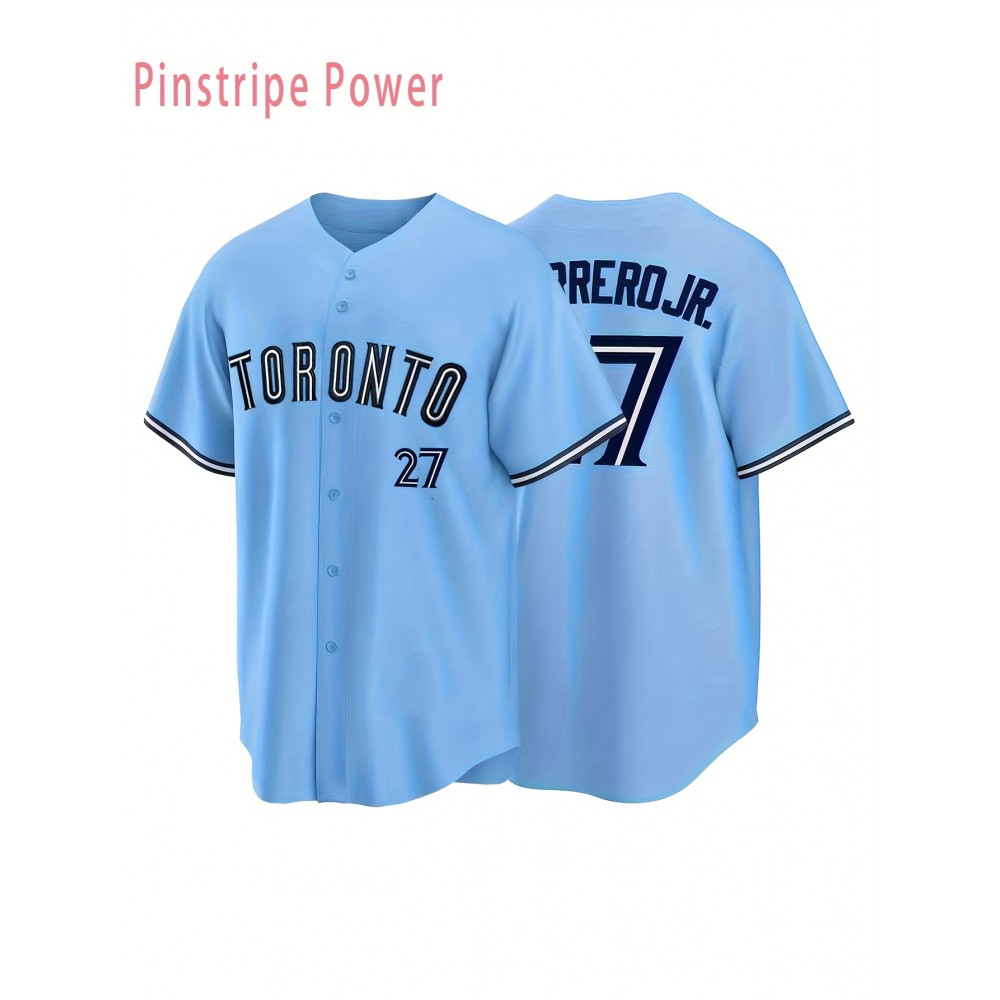 Men'S Baseball Jersey # 27 Blue Loose V-neck 100% Polyester Fiber Sportswear Suitable For Team Sports, Casual Wear, And Outdoor Activities S-3XL