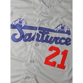 Men's Baseball Jacket #21 Grey Embroidered Saratoga & Pine Mountain Design - Loose Fit Stretch Polyester V-Neck Button-Up for Casual, Sports & Outdoor Activities (S-3XL)