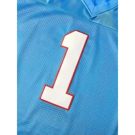 1pc Men'S Polyester V-Neck Rugby Shirt with Embroidered Moon & Number 1 - Loose Fit Knit Fabric Top for Training, Sports, Casual Wear - All Seasons Comfort