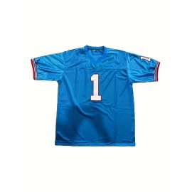 1pc Men'S Polyester V-Neck Rugby Shirt with Embroidered Moon & Number 1 - Loose Fit Knit Fabric Top for Training, Sports, Casual Wear - All Seasons Comfort