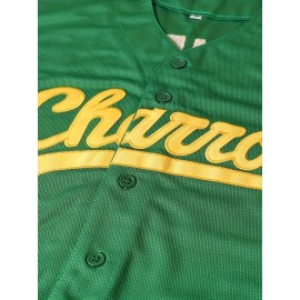 1pc Churros Embroidered Baseball Jersey, Men'S Polyester V-Neck Shirt with Slight Stretch, Loose Fit Sports Top for Casual, Training, Hiking & Outdoor Activities, Button Closure - Universal Fit for Teens & Adults