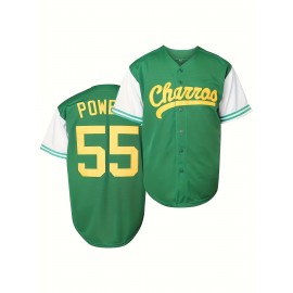 1pc Churros Embroidered Baseball Jersey, Men'S Polyester V-Neck Shirt with Slight Stretch, Loose Fit Sports Top for Casual, Training, Hiking & Outdoor Activities, Button Closure - Universal Fit for Teens & Adults