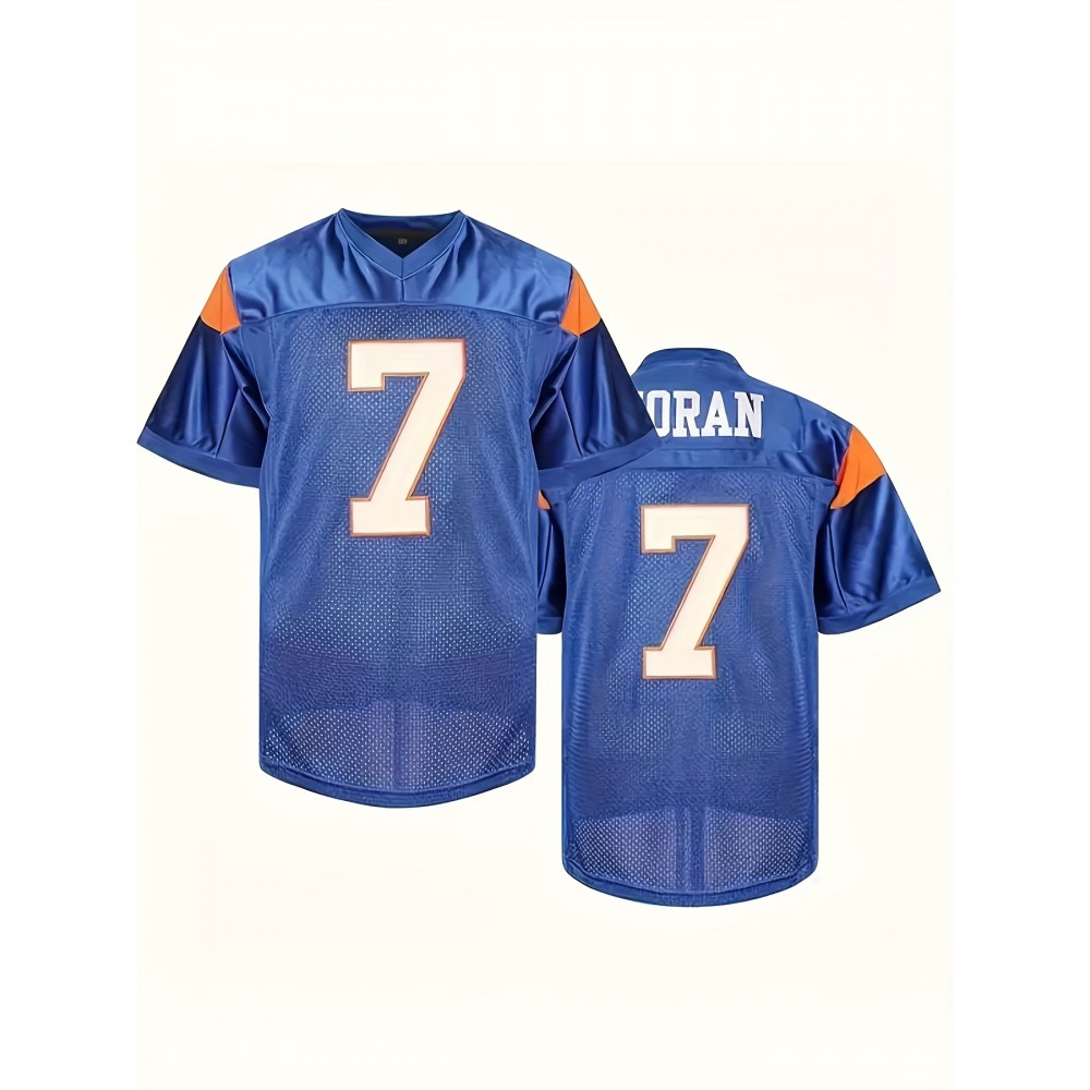 1pc Men'S #7 Blue V-Neck American Football Jersey - Polyester Knit Sports Top with Slight Stretch, Embroidered, Loose Fit for Training, Casual & Outdoor Activities - Universal Fit for Teens & Adults