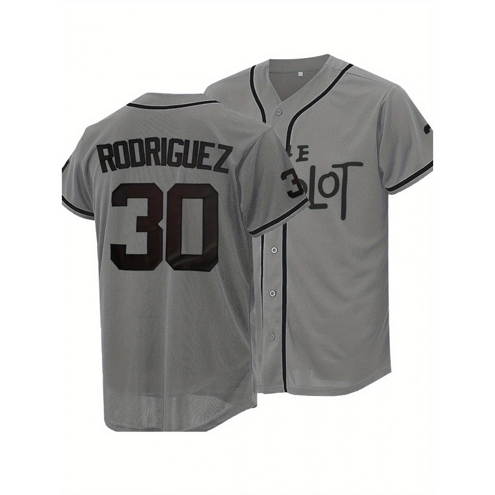 Men's Grey #30 Baseball Jersey - Breathable Button-Up V-Neck Shirt with 