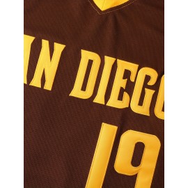 Men's San Diego Letter & Number 19 Baseball Sweatshirt - Brown V-Neck Polyester Pullover, Loose Fit for Casual Team Sports, Outdoor Activities & Parties (Sizes S-3XL), Sports Pullover | Sporty Design | Durable Sportswear