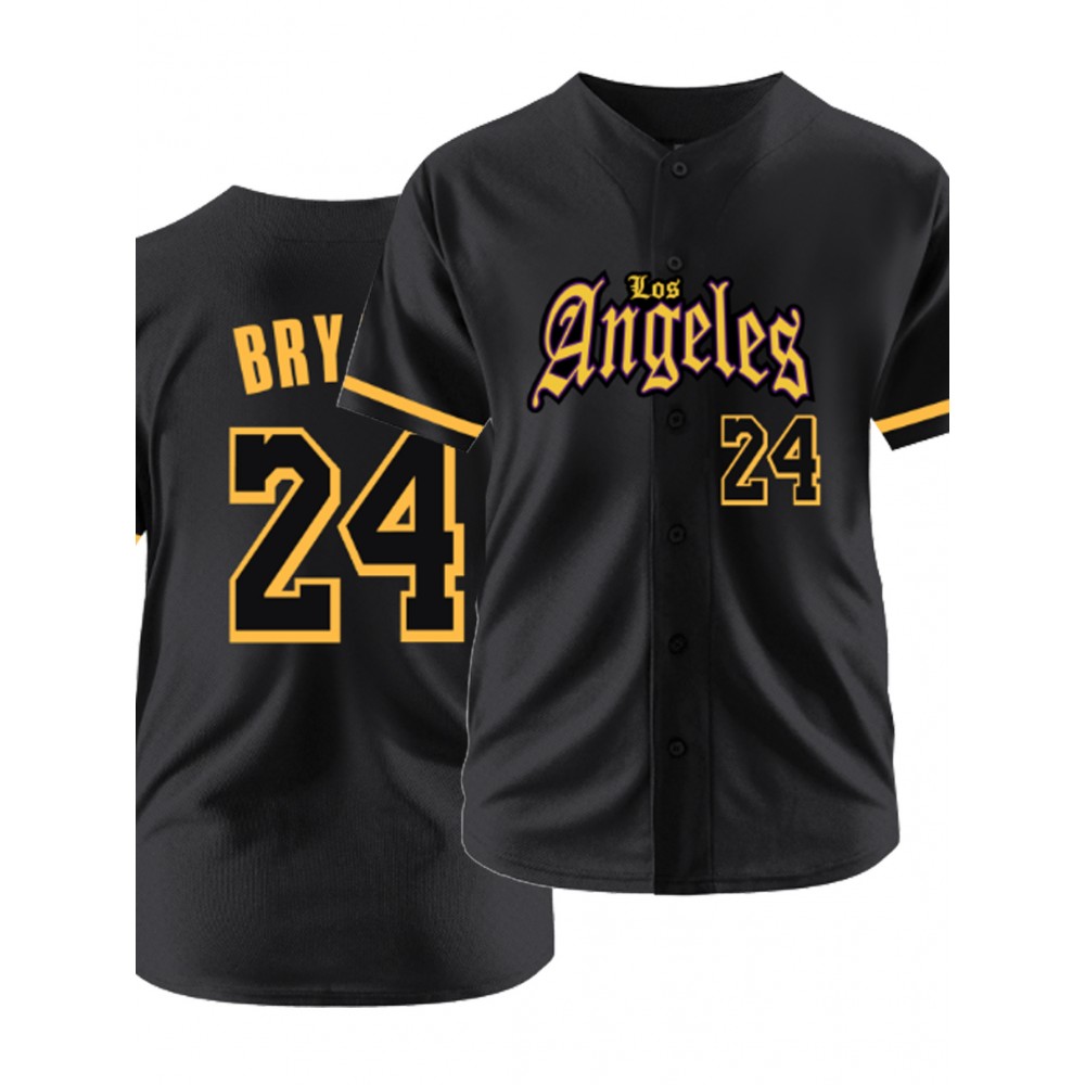 Men's Black #24 Baseball Jersey - Breathable Button-Up V-Neck Loose Fit with Classic Letter Embroidery, All-Season Training & Game Shirt for Men & Youths, Machine Washable Sportswear, Casual Streetwear | Sporty Look | Comfortable Fit