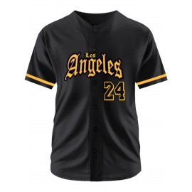 Men's Black #24 Baseball Jersey - Breathable Button-Up V-Neck Loose Fit with Classic Letter Embroidery, All-Season Training & Game Shirt for Men & Youths, Machine Washable Sportswear, Casual Streetwear | Sporty Look | Comfortable Fit