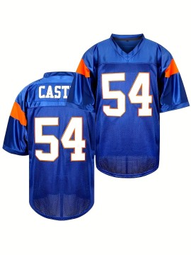 1pc Men'S Polyester V-Neck American Football Jersey - Loose Fit Short Sleeve Sports Shirt with Embroidered #54 & CASTLE, Knit Fabric for Casual, Training, Hiking & Outdoor Activities, Universal Fit for Teens & Adults