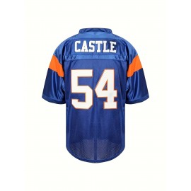 1pc Men'S Polyester V-Neck American Football Jersey - Loose Fit Short Sleeve Sports Shirt with Embroidered #54 & CASTLE, Knit Fabric for Casual, Training, Hiking & Outdoor Activities, Universal Fit for Teens & Adults