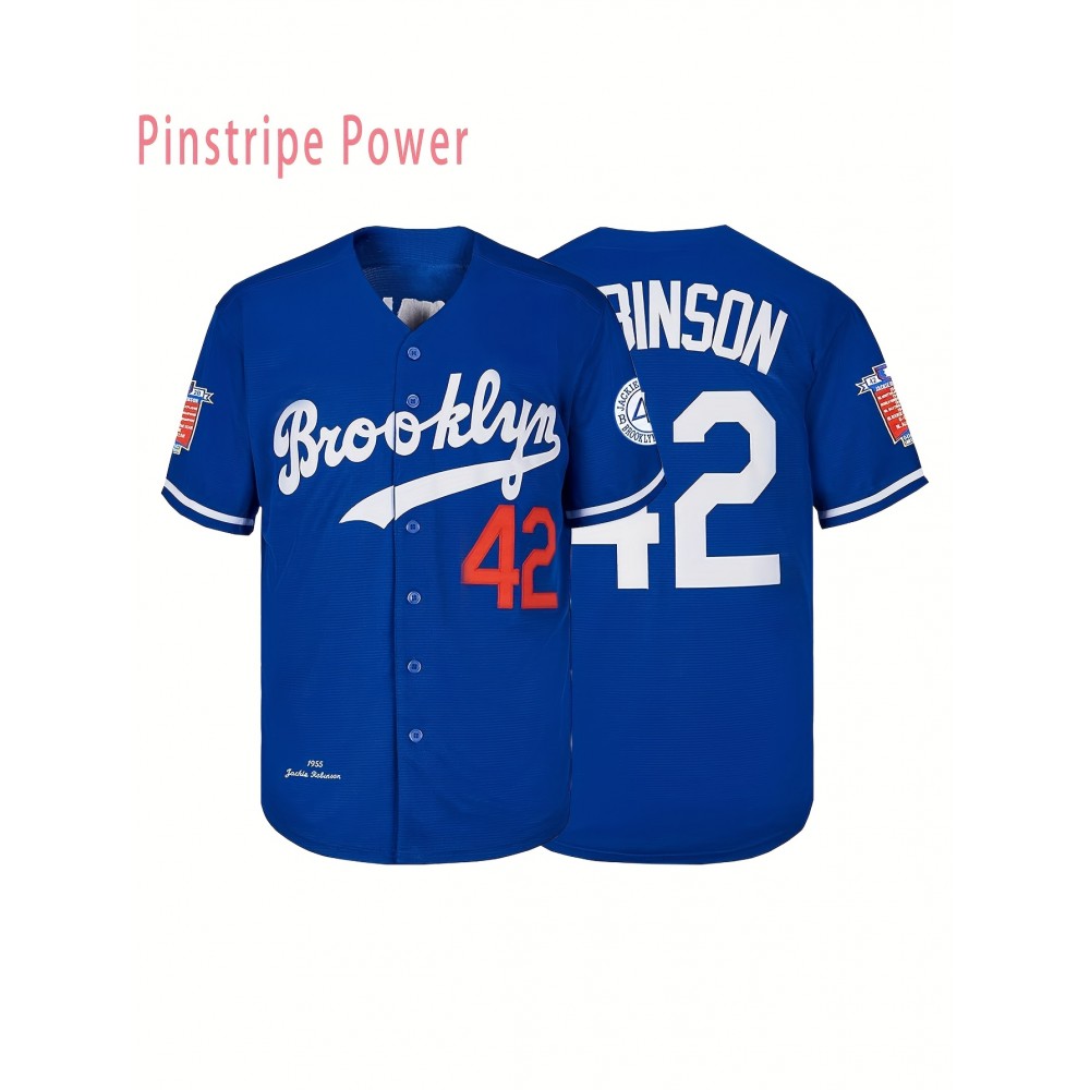 Men's Casual # 42 Blue Baseball Shirt V-neck Button Loose Fit Machine Washable Suitable for Training Team Sports And Daily Wear Size S-3XL