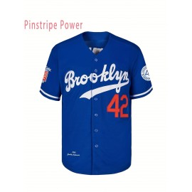 Men's Casual # 42 Blue Baseball Shirt V-neck Button Loose Fit Machine Washable Suitable for Training Team Sports And Daily Wear Size S-3XL