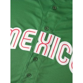 Men's #56 Mexico Baseball Jersey - Vibrant Green with Red & White Stripes, Polyester, V-Neck, Button-Up, Sizes S-3XL - Perfect for Sports Training & Casual Wear