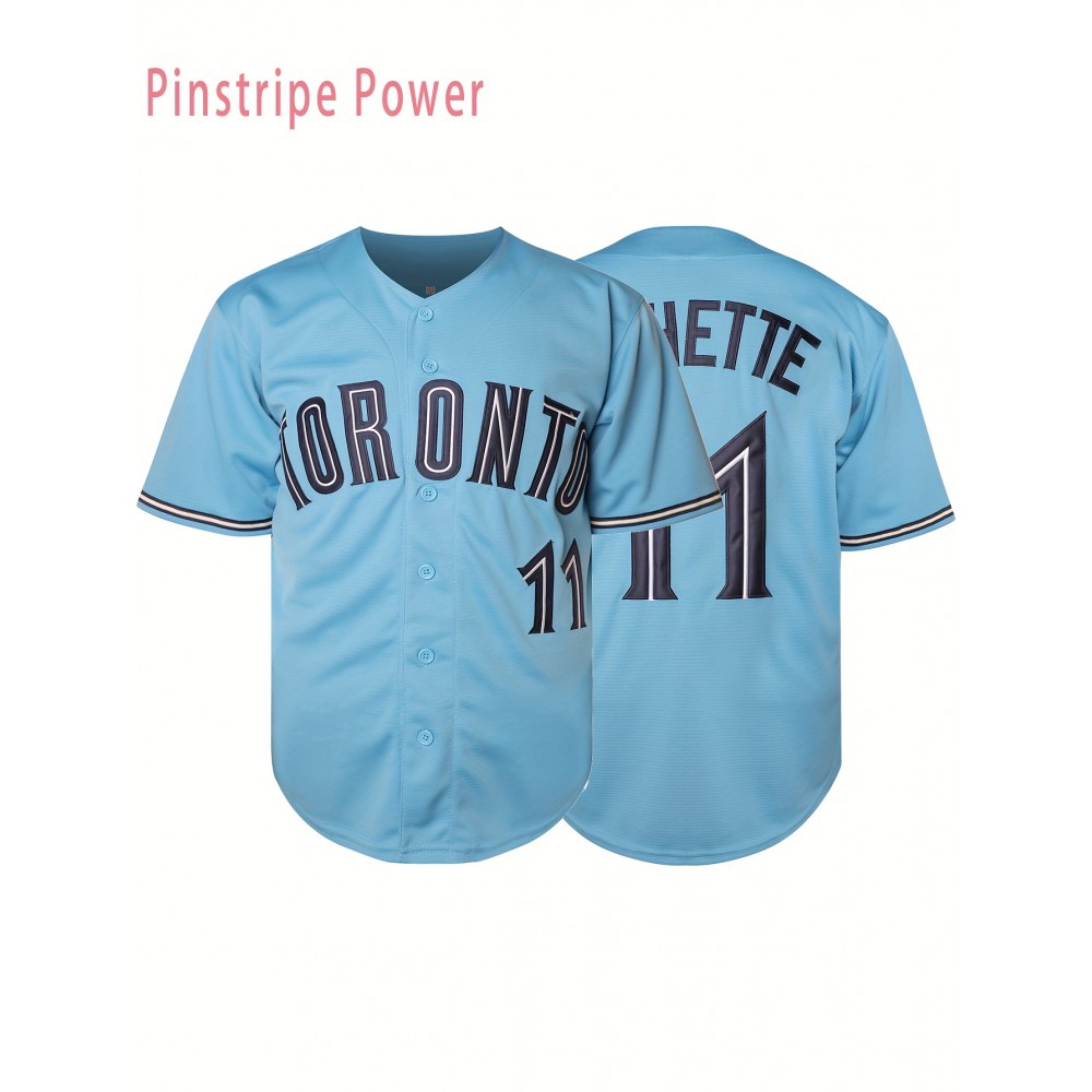 Men's #11 Blue Embroidered Baseball Jersey - V-Neck Button-Up Loose Fit Polyester Shirt for Training, Casual & Outdoor Sports | Machine Washable, Sizes S-3XL