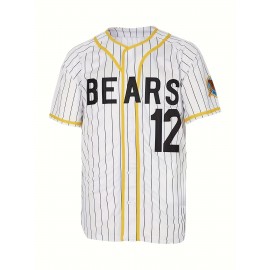 Letter And Number 12 Embroidery, Men's Short Sleeve V-neck Striped Baseball Jersey, Comfy Top for Training And Competition