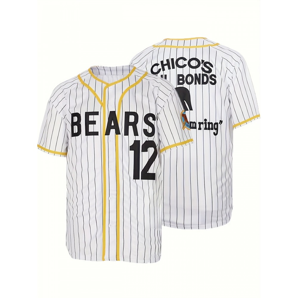 Letter And Number 12 Embroidery, Men's Short Sleeve V-neck Striped Baseball Jersey, Comfy Top for Training And Competition