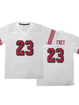 Men's White #23 Breathable Rugby Shirt - Embroidered American Football Design, V-Neck Short Sleeve Training Top with Red Accents, Loose Fit for Sports, Casual & Outdoor Activities, Rugby Jersey