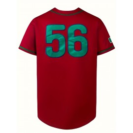 Men'S Retro Casual MEXICO #56 Embroidery Design Short Sleeve V-neck Loose Button Up Shirt, Men'S Summer Baseball Jersey