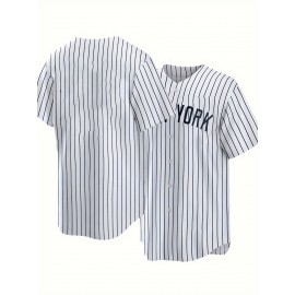 Men'S White Striped Baseball Shirt with Classic Letter Embroidery Design, Breathable Button Style Short Sleeved Shirt, Suitable for Training And Competition