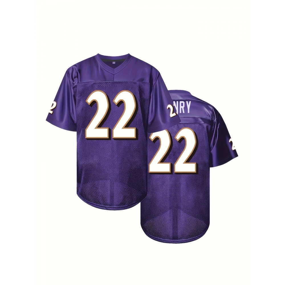 Men's Purple #22 Breathable American Rugby Shirt - Embroidered V-Neck Short Sleeve Training Top, Loose Fit All-Season Sportswear for Outdoor Activities, Casual Wear & Team Sports, Embroidered Detailing