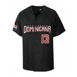 Men's Dominican #13 Baseball Jersey - Classic Retro Black with Colorful Flag & Bold Letter Embroidery, Breathable Polyester V-Neck Short Sleeve, Loose Fit Button-Up Shirt for Training, Competition, Casual & Holiday Events, Detailing