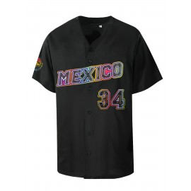 Men's Mexico #34 Black Baseball Jersey - Retro Letter & Number Design, Breathable V-Neck Button-Up Shirt, Loose Fit Short Sleeve for Training, Competition, Casual & Holiday Wear, Quality Embroidery Detail, Best for Christmas, Perfect for Thanksgiving