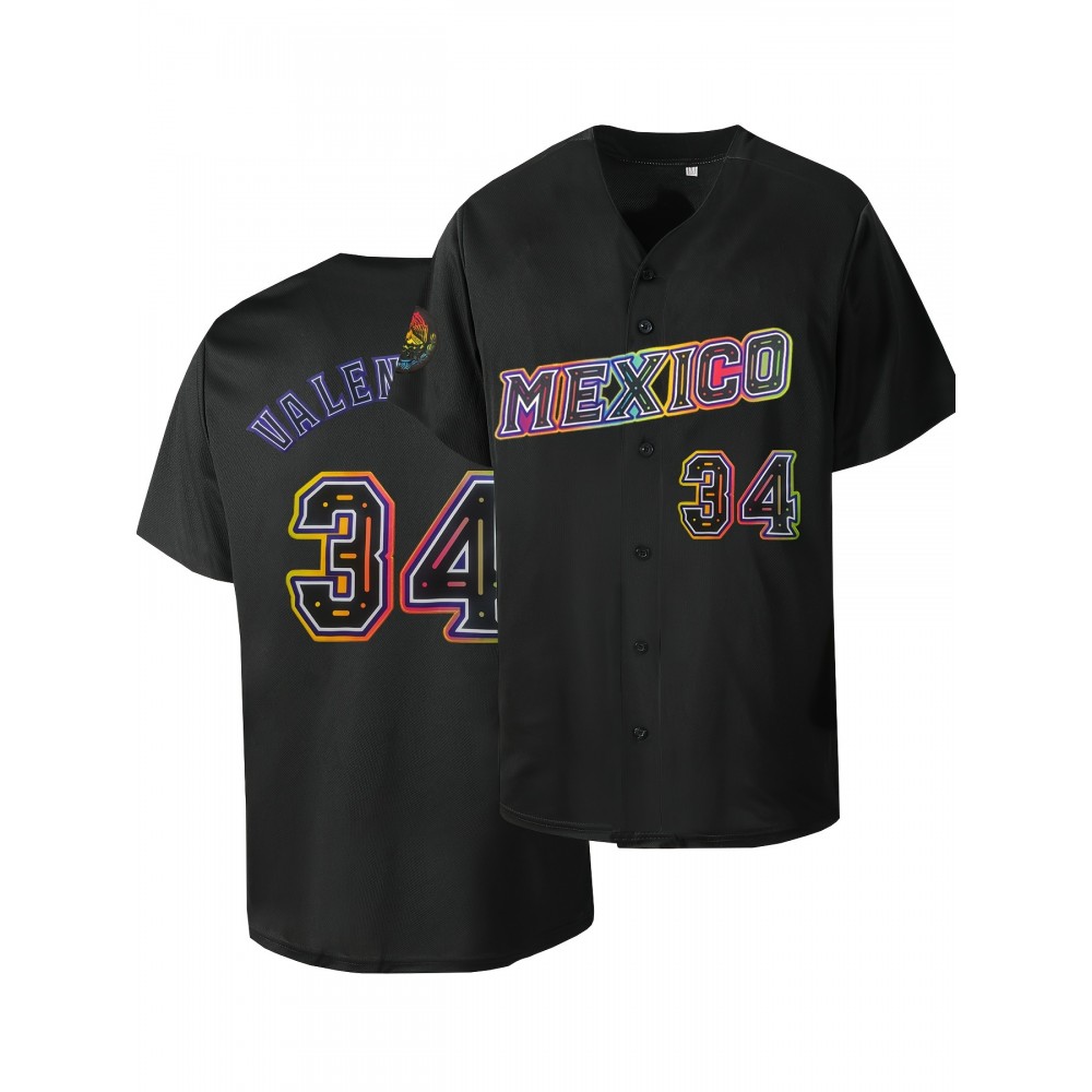 Men's Mexico #34 Black Baseball Jersey - Retro Letter & Number Design, Breathable V-Neck Button-Up Shirt, Loose Fit Short Sleeve for Training, Competition, Casual & Holiday Wear, Quality Embroidery Detail, Best for Christmas, Perfect for Thanksgiving