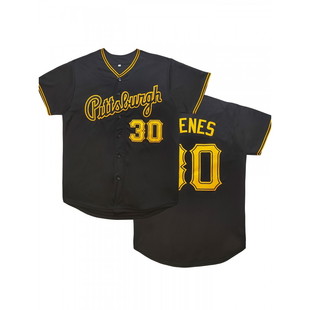 Men'S #30 Pittsburgh Black Baseball Jersey - Classic Retro Embroidered Lettering, Breathable Short Sleeve V-Neck Sports Shirt For Casual & Party Wear
