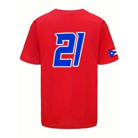 Men'S PUERTO RICO #21 Embroidery Design Baseball Jersey, Classic Retro Breathable Short Sleeve Sports Shirt For Training Competition