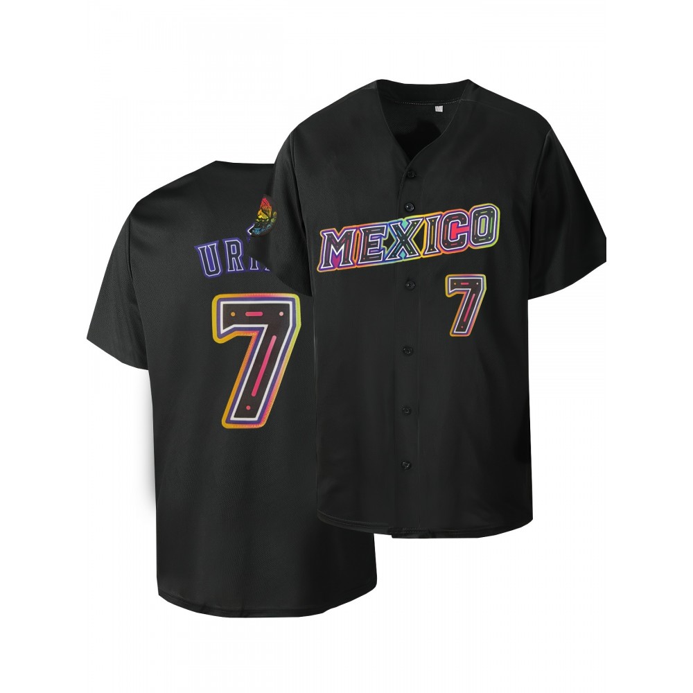 Men'S Mexico #7 Black Baseball Jersey, 100% Polyester Knit Fabric, V-Neck Short Sleeve T-Shirt with Embroidered Letter and Number Design, Breathable Loose Fit for Sports, Casual, Party, Outdoor Activities - Universal Fit