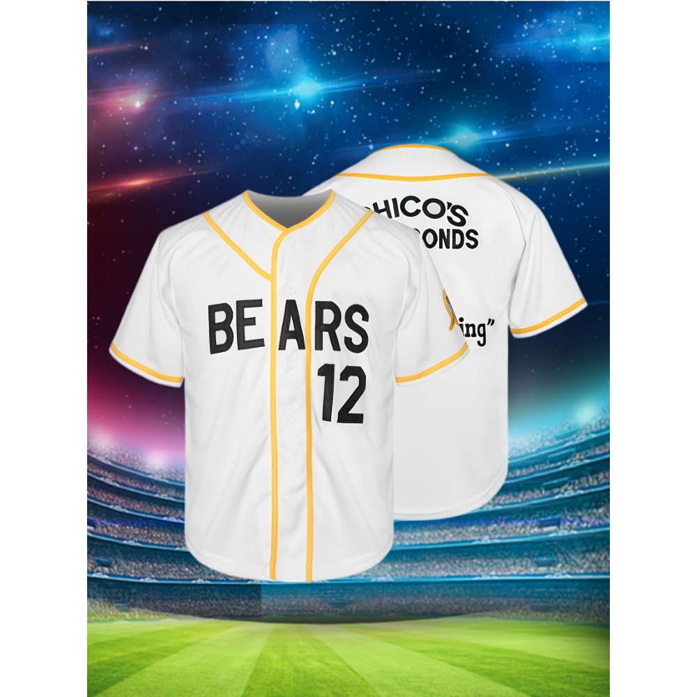 Youth # 12 White Baseball Jacket - Breathable Polyester V-neck Sweatshirt With Embroidered Letters, Button Closure, Knitted Fabric, Training, Hiking, And Outdoor Casual Sportswear, Spring/Summer/Autumn