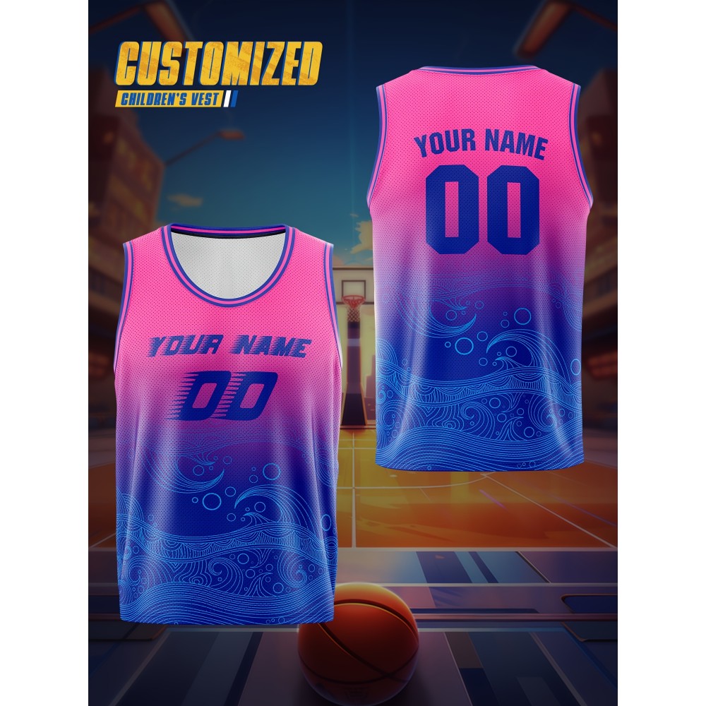 [Loose Basketball Jersey] Custom Sleeveless Basketball Jersey Shirt, Loose & Breathable | Boys Personalized Ocean Waves Pattern Top For Sports & Exercise