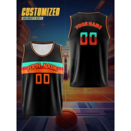 Boys Loose & Breathable Custom Sleeveless Basketball Jersey Shirt, Personalized Colorful Striped Top For Sports & Exercise