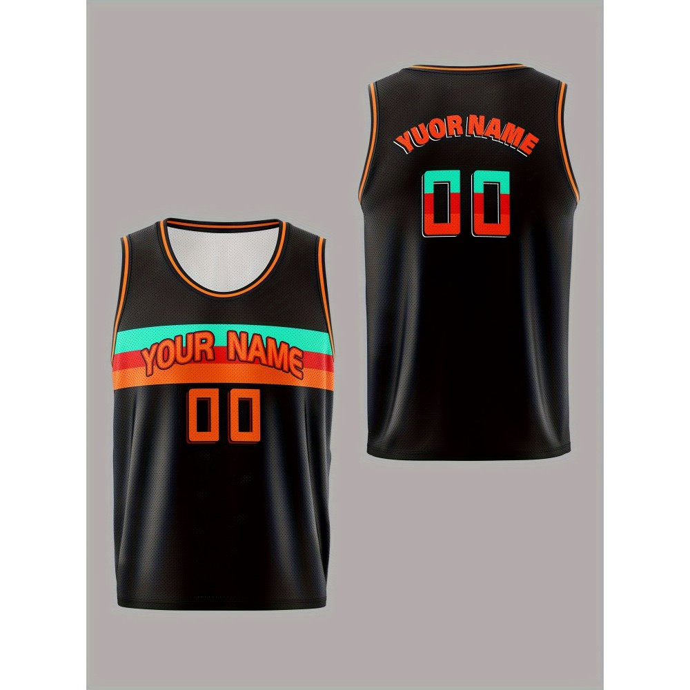 Boys Loose & Breathable Custom Sleeveless Basketball Jersey Shirt, Personalized Colorful Striped Top For Sports & Exercise