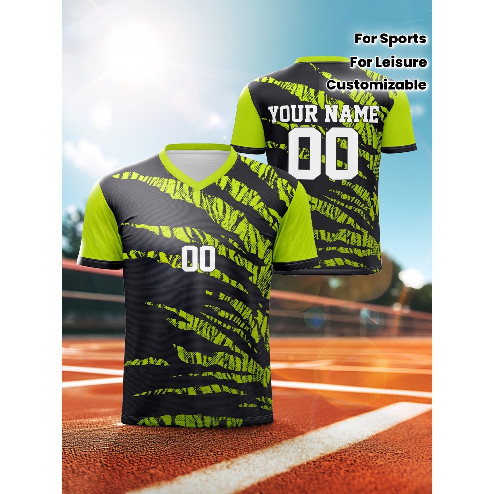 Customizable Youngsters' Soccer Jersey - V-Neck, Comfort Fit with Personalized Name & Number, Black/Green Camo Design, Ideal for Sports, Leisure & Outdoor Activities, Machine Washable, Soccer Accessories