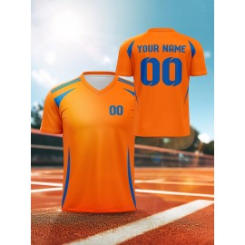 1pc Customizable V-Neck Soccer Jersey for Kids - 100% Polyester Knit Fabric, All-Over Print, Personalized Name & Number, Regular Fit for Boys & Girls, Ideal for Sports, Casual Wear & Outdoor Activities - Spring/Summer/Fall Collection