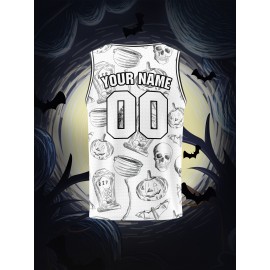 1pc Customizable Kids Sports Tank Top with Name and Number, Halloween Themed Basketball Jersey, Breathable Polyester Knit Fabric, Casual & Athletic Vest, with Unisex Youth Athletic Wear for Running, Training, Outdoor Activities