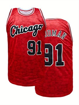 Mens #91 Red Basketball Sports Jersey, Breathable Sleeveless Pattern Embroidery Sweatshirt Training Competition Sports Uniforms Suitable for Summer