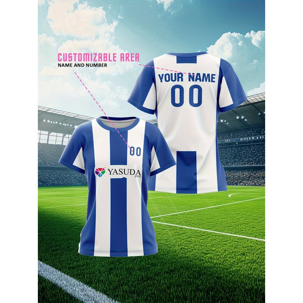 Customizable Women'S Soccer Jersey - Personalized Team & Number, Breathable Quick-Dry Athletic Shirt for Training, Fitness, and Casual Wear, Blue & White Striped Design with YASUDA Logo, Soccer Accessories, PLUS SIZE